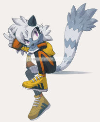 Rule 34 | 1girl, absurdres, artist name, black pants, coffeatea, fingerless gloves, furry, furry female, gloves, hand on own knee, highres, looking at viewer, pants, shoes, simple background, sitting, solo, sonic (series), tail, tangle the lemur, tumblr username, v, vest, watermark, web address, white background, yellow vest
