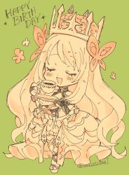 Rule 34 | 1girl, butterfly hair ornament, celine (fire emblem), chibi, chibi only, closed eyes, crown, cup, dress, eyelashes, fire emblem, fire emblem engage, flower, full body, green background, hair flower, hair ornament, happy birthday, highres, hino222hikari, holding, holding cup, holding plate, monochrome, nintendo, open mouth, plate, solo, teacup, twitter username