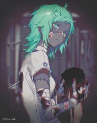 Rule 34 | 1girl, bandaged arm, bandaged hand, bandaged neck, bandages, blood, blood on hands, bloody bandages, blurry, blurry background, cable, chromatic aberration, colored skin, disembodied hand, dripping, green eyes, green hair, grey skin, highres, holding, id card, lanyard, light oooo, long hair, ofuda, original, parted lips, solo, stab, stitches, talisman, tube, zombie