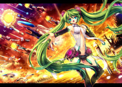 Rule 34 | 1girl, aircraft, aqua eyes, r-9a arrowhead, bird, bridal gauntlets, capura lin, cloud, crossover, force (r-type), green hair, hatsune miku, hatsune miku (append), highres, irem, letterboxed, long hair, missile, navel, necktie, open mouth, operation last dance, r-99 last dancer, r-9a arrowhead, r-9d shooting star, r-type, r-type final, seagull, solo, spacecraft, starfighter, sunset, thighhighs, twintails, very long hair, vocaloid, vocaloid append
