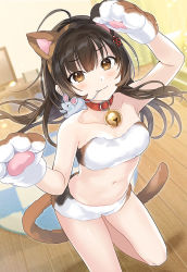 Rule 34 | 1girl, ahoge, animal ears, animal hands, animal print, arms up, bandeau, bare arms, bare shoulders, breasts, brown eyes, brown hair, cat ears, cat girl, cat print, cat tail, fake animal ears, fake tail, gloves, leg up, long hair, looking at viewer, medium breasts, micro shorts, midriff, navel, original, paw gloves, short shorts, shorts, smile, solo, stomach, strapless, tail, tan (tangent), thighs, tube top, underwear, underwear only, v-shaped eyebrows, white shorts