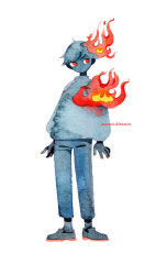 Rule 34 | 1boy, artist name, fire, full body, long sleeves, male focus, maruti bitamin, nail polish, no mouth, no nose, original, painting (medium), red eyes, red nails, short hair, simple background, solo, standing, traditional media, watercolor (medium), white background