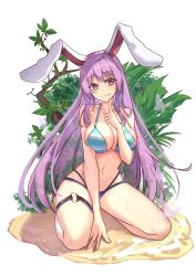 Rule 34 | 1girl, absurdres, alternate costume, animal ears, bikini, branch, breasts, diving penguin, full body, highres, index finger raised, large breasts, leaf, long hair, looking at viewer, navel, o-ring, purple hair, rabbit ears, reisen udongein inaba, simple background, smile, solo, swimsuit, thigh strap, touhou, tree, very long hair, white background