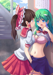 Rule 34 | 2girls, :o, adapted costume, against wall, aqua hair, blue eyes, blue sky, blush, bow, bowtie, bra, breasts, brown eyes, brown hair, capelet, cleavage, clothes lift, cloud, contemporary, day, eye contact, female focus, fingering, frilled bra, frills, frog hair ornament, green hair, hair bow, hair ornament, hair ribbon, hair tubes, hakurei reimu, hand under clothes, hand under skirt, highres, hip focus, indoors, kochiya sanae, large bow, lingerie, long hair, looking at another, medium breasts, midriff, miniskirt, multiple girls, navel, open mouth, panties, panty pull, pink bra, pink panties, pleated skirt, ponytail, pussy juice, ribbon, school, school uniform, serafuku, shiny skin, shirt lift, skirt, sky, stairs, standing, suikakitsu shiro, sweat, tears, touhou, tree, underwear, yuri
