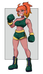 Rule 34 | 1girl, amazu (kurozu), bare shoulders, blue choker, boots, boxing gloves, breasts, brown eyes, choker, commentary, commission, cross-laced footwear, english commentary, full body, green footwear, green shorts, grey background, grin, highres, lace-up boots, looking at viewer, medium breasts, navel, orange eyes, original, ponytail, short shorts, shorts, single strap, smile, solo, standing, two-tone background, white background