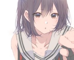 Rule 34 | 1girl, black gloves, brown eyes, brown hair, collarbone, elbow gloves, gloves, hair between eyes, hair ornament, kantai collection, looking at viewer, rinto (rint rnt), sailor collar, sendai (kancolle), sendai kai ni (kancolle), short hair, simple background, solo, two side up, upper body, white background, white sailor collar