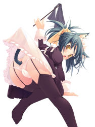 Rule 34 | 1girl, animal ears, ass, black thighhighs, cat ears, cat tail, chinchickrin, duster, feet, lowres, maid, original, panties, solo, tail, thighhighs, underwear, white panties