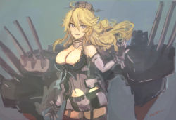 Rule 34 | 16-inch/50-caliber mark 7 gun, 1girl, absurdres, artillery, blonde hair, blue eyes, breasts, cleavage, elbow gloves, front-tie top, garter straps, gloves, grey background, hair between eyes, headgear, highres, iowa (kancolle), kantai collection, large breasts, long hair, moor, naval artillery, naval gun, navel, open mouth, rigging, signature, simple background, solo, star-shaped pupils, star (symbol), symbol-shaped pupils, thighhighs, turret, yellow pupils