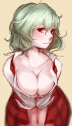 Rule 34 | 1girl, bent over, blurry, blush, breasts, cleavage, female focus, green hair, hoshibuchi, kazami yuuka, large breasts, leaning forward, looking at viewer, open clothes, plaid, plaid skirt, red eyes, short hair, short sleeves, simple background, skirt, solo, touhou, vest, yellow background