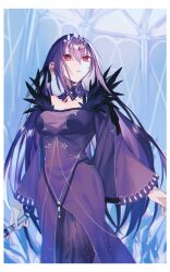 Rule 34 | 1girl, bare shoulders, breasts, cleavage, detached collar, dress, fate/grand order, fate (series), feather trim, hair between eyes, jewelry, katagiri (mighty swing), large breasts, long hair, long sleeves, looking up, pantyhose, pendant, purple dress, purple hair, purple pantyhose, red eyes, scathach (fate), scathach skadi (fate), solo, tiara, wand