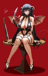 Rule 34 | 1girl, ahoge, alternate costume, azur lane, bare shoulders, black footwear, black hair, black leotard, black lips, black nails, black thighhighs, blush, breasts, bridal gauntlets, center opening, choker, cleavage, clothing cutout, collarbone, crossed bangs, demon girl, demon horns, demon tail, demon wings, fishnet thighhighs, fishnets, full body, hair between eyes, halloween, heart cutout, high heels, highres, holding, holding knife, horns, knife, large breasts, leotard, lipstick, long hair, looking at viewer, machete, makeup, nail polish, navel, navel cutout, parted lips, patreon logo, patreon username, piukute062, red background, red eyes, revision, simple background, single thighhigh, sitting, skindentation, smile, solo, table, taihou (azur lane), tail, thigh strap, thighhighs, thighs, very long hair, wings