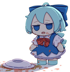 Rule 34 | 1girl, absurdres, ahoge, blue bow, blue dress, blue eyes, blue footwear, blue hair, bow, cirno, collared shirt, dress, fairy, food, food on clothes, food on face, fumo (doll), hair bow, highres, ice, ice wings, kame (kamepan44231), open mouth, pasta, shirt, shoes, short hair, short sleeves, simple background, solo, touhou, white background, white shirt, wings