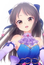 Rule 34 | 10s, 1girl, blue dress, blush, bow, brown eyes, brown hair, detached sleeves, dress, hair bow, ho-cki, idolmaster, idolmaster cinderella girls, idolmaster cinderella girls starlight stage, jewelry, long hair, looking at viewer, open mouth, smile, solo, tachibana arisu, tiara, white background