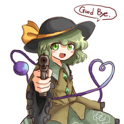 Rule 34 | 1girl, aiming, aiming at viewer, bow, buttons, diamond button, english text, frilled shirt collar, frilled sleeves, frills, green eyes, green hair, green skirt, gun, hat, heart, heart of string, heripantomorrow, highres, holding, holding gun, holding weapon, komeiji koishi, looking at viewer, open mouth, ribbon, shirt, short hair, simple background, skirt, smile, solo, third eye, touhou, upper body, weapon, wide sleeves, yellow ribbon