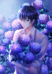 Rule 34 | 1boy, absurdres, bad id, bad pixiv id, black hair, blue eyes, blurry, character request, flower, grey sky, highres, holding, holding flower, hydrangea, looking at viewer, male focus, outdoors, quan zhi gao shou, rain, sky, solo, standing, upper body, yingsu jiang