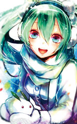 Rule 34 | 1girl, bad id, bad pixiv id, earmuffs, from above, hatsune miku, highres, looking at viewer, looking up, mittens, open mouth, sazanami shione, scarf, snow rabbit, solo, vocaloid, winter