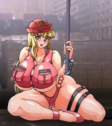 Rule 34 | 1girl, akimoto katherine reiko, blonde hair, blue eyes, breasts, bursting breasts, highres, huge breasts, kochikame, long hair, looking at viewer, open mouth, plump, police, police uniform, policewoman, sitting, solo, thick thighs, thighs, underboob, uniform, wrato