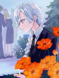Rule 34 | 1boy, androgynous, black jacket, black necktie, blurry, braid, closed mouth, collared shirt, cosmos (flower), depth of field, expressionless, flower, from side, funeral, highres, jacket, long hair, male focus, necktie, orange flower, original, people, profile, purple eyes, shirt, single braid, snk rnk, solo focus, suit jacket, tree, upper body, white hair, white shirt
