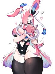 Rule 34 | 1girl, animal ears, blue eyes, blush, breasts, cleavage, clothing cutout, creatures (company), ear piercing, frills, game freak, gardevoir, gen 3 pokemon, gen 6 pokemon, hair over one eye, heart, heart-shaped pupils, heart cutout, highres, huge breasts, long ears, long hair, looking at viewer, multicolored hair, navel, navel cutout, nintendo, piercing, pink hair, pokemon, pokemon (creature), purple hair, ribbon, smile, sylveon, symbol-shaped pupils, tail, thick thighs, thighhighs, thighs, togetoge, very long hair, wide hips