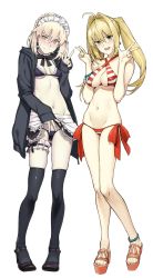 Rule 34 | &gt;:d, 2girls, 3:, :d, absurdres, ahoge, anklet, apron, artoria pendragon (alter swimsuit rider) (fate), artoria pendragon (alter swimsuit rider) (second ascension) (fate), artoria pendragon (fate), bad id, bad twitter id, bikini, black bikini, black legwear, blonde hair, blush, bracelet, breasts, bridal garter, cleavage, clothes lift, criss-cross halter, daftbonkers, double w, duplicate, earrings, empty eyes, fate/grand order, fate (series), full body, green eyes, hair intakes, halterneck, highres, hood, hoodie, jewelry, looking at viewer, maid, maid headdress, medium breasts, multiple girls, navel, nero claudius (fate), nero claudius (fate) (all), nero claudius (swimsuit caster) (fate), nose blush, open mouth, panties, platform footwear, platform heels, ribbon trim, sandals, side-tie bikini bottom, simple background, skirt, skirt lift, sleeves past wrists, small breasts, smile, standing, striped bikini, striped clothes, sweatdrop, swimsuit, thighhighs, twintails, underwear, v-shaped eyebrows, w, waist apron, white background, yellow eyes