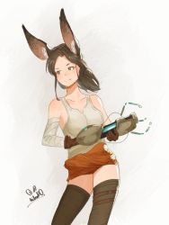 Rule 34 | aidenr0, animal ears, bare shoulders, black hair, blue eyes, rabbit ears, claw (weapon), garter straps, gun, laser, shorts, steampunk, tank top, thighhighs, thighs, weapon