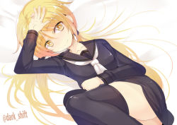 Rule 34 | 10s, 1girl, arm up, bad id, bad pixiv id, black serafuku, black thighhighs, blonde hair, gradient background, hair ornament, hand on own head, kantai collection, llowoll, long hair, long sleeves, looking at viewer, lying, neckerchief, on back, over-kneehighs, satsuki (kancolle), school uniform, serafuku, skirt, smile, solo, thighhighs, twintails, twitter username, yellow eyes, zettai ryouiki