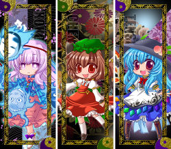 Rule 34 | 3girls, animal ears, ankle boots, armband, aura, blouse, blue hair, boots, border, bow, brown hair, bubble skirt, cat ears, cat tail, character name, chen, chibi, chino (ch no), chrysanthemum, column lineup, cross-laced footwear, dress, earrings, expressionless, fang, floral background, flower, food, fruit, hannya, hat, hata no kokoro, hinanawi tenshi, jewelry, juliet sleeves, knee boots, kneehighs, layered dress, leaf, long hair, long sleeves, looking at viewer, mask, mob cap, multiple girls, multiple tails, noh mask, open mouth, peach, pink eyes, pink hair, plaid, plaid shirt, puffy sleeves, red eyes, shirt, short hair, single earring, skirt, skirt set, socks, split screen, tail, touhou, wrist cuffs, yin yang