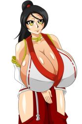 Rule 34 | 1girl, bare shoulders, black hair, breasts, bursting breasts, cleavage, collar, dead or alive, high ponytail, huge breasts, japanese clothes, kaiman82, long hair, looking at viewer, momiji (ninja gaiden), ninja gaiden, no bra, nontraditional miko, ponytail, revealing clothes, sideboob, simple background, solo, white background, yellow eyes