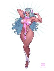 1girl, breasts, curly hair, drill hair, drill locks, full body, highres, large breasts, last origin, light green hair, muscular, muscular female, orange eyes, pose, scathy, simple background, smile, solo, thighs, toriseru (thesuperhero), white background