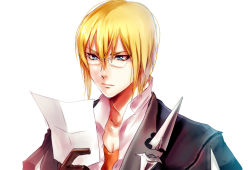 Rule 34 | 1boy, bad id, bad pixiv id, blonde hair, eizen (tales), glasses, gloves, hair between eyes, male focus, portrait, simple background, solo, tales of (series), tales of berseria, unabara misumi, white background