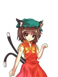 Rule 34 | 1girl, :p, adapted costume, alphes (style), animal ears, bare arms, brown eyes, brown hair, cat ears, cat tail, chen, earrings, hat, hwtpbe, jewelry, kaoru (gensou yuugen-an), multiple tails, nekomata, parody, short hair, sleeveless, style parody, tail, tongue, tongue out, touhou, transparent background, two tails