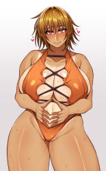 Rule 34 | 1girl, bare shoulders, blonde hair, blush, breasts, cowboy shot, eyebrows, hair between eyes, heart, highres, huge breasts, korotsuke, looking at viewer, naughty face, navel, one-piece swimsuit, pink eyes, pussy juice, short hair, shy, smile, sweat, swimsuit, tan, tanline, thick thighs, thighs, wide hips