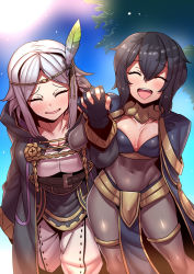 Rule 34 | 2girls, alternate costume, black hair, bodystocking, breasts, cleavage, closed eyes, cosplay, dark mage (fire emblem awakening), feather hair ornament, feathers, fire emblem, fire emblem awakening, groin, hair ornament, highres, holding hands, medium breasts, morgan (female) (fire emblem), morgan (fire emblem), multiple girls, navel, nintendo, noire (fire emblem), official alternate costume, open mouth, pelvic curtain, robin (fire emblem), robin (fire emblem) (cosplay), siblings, sisters, skin tight, smile, tactician (fire emblem awakening), teeth, tharja (fire emblem), tharja (fire emblem) (cosplay), tight clothes, tongue, tukiwani, white hair