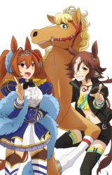 Rule 34 | 3girls, animal ears, blonde hair, bridle, brown eyes, brown hair, commentary request, cowboy shot, daiwa scarlet (umamusume), dress, epaulettes, fang, feather boa, femme fatale (taiyou no makibaoo), frilled dress, frills, garter straps, green eyes, hair over one eye, highres, horse ears, horse girl, horse tail, jacket, midori no makibaoo, midriff, mochimoto nakaba, multicolored hair, multiple girls, partial commentary, purple eyes, tail, thighhighs, tiara, trait connection, twintails, two-tone hair, umamusume, vodka (umamusume), wavy hair, white hair