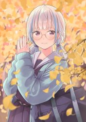 Rule 34 | 1girl, bag, black shirt, black skirt, blunt bangs, buttons, cardigan, closed mouth, commentary request, ene mizunoawa, falling leaves, fingernails, fingers together, glasses, green cardigan, hands up, highres, leaf, lize helesta, long hair, long sleeves, looking at viewer, low twintails, multicolored hair, nijisanji, open cardigan, open clothes, own hands together, pleated skirt, purple eyes, round eyewear, sailor collar, school bag, school uniform, shirt, shoulder bag, skirt, sleeves past wrists, smile, solo, steepled fingers, streaked hair, sweater, twintails, virtual youtuber, white hair, yellow-framed eyewear