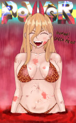Rule 34 | bikini, blonde hair, blood, blood on face, blood splatter, breasts, camouflage, camouflage bikini, chainsaw man, closed eyes, demon girl, dirty, dirty face, eddarxart, english text, eyes visible through hair, fangs, hair between eyes, highres, horns, large breasts, messy hair, midriff, navel, open mouth, pool of blood, power (chainsaw man), red background, red bikini, red horns, swimsuit
