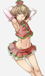 Rule 34 | 1girl, arm warmers, armpits, arms behind head, arms up, bare shoulders, brown eyes, brown hair, hat, looking at viewer, lyrica prismriver, navel, red hat, short hair, simple background, skirt, smile, solo, tongue, tongue out, touhou, white background, yohane