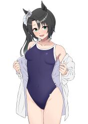 Rule 34 | 0haribo0, absurdres, alternate costume, animal ears, black hair, blush, breasts, collarbone, covered navel, green eyes, groin, hair ornament, highres, horse ears, horse girl, looking at viewer, medium breasts, open mouth, satono crown (umamusume), school swimsuit, side ponytail, simple background, swimsuit, umamusume, white background