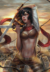 Rule 34 | 1girl, arms up, ashes, backlighting, belt, black bra, black hair, blade, bra, breasts, brown pants, buckle, building, cable, cleavage, cloud, cloudy sky, cowboy shot, dual wielding, expressionless, fighting stance, floating hair, grey eyes, hair between eyes, highres, holding, holding sword, holding weapon, holster, house, jacket, leg belt, looking to the side, maneuver blade, midriff, mikasa ackerman, navel, open clothes, open jacket, open mouth, outdoors, pants, realistic, red scarf, rooftop, scarf, serafleur, shingeki no kyojin, short hair, sky, sleeves pushed up, solo, standing, stomach, sunset, suspenders, sword, three-dimensional maneuver gear, tile roof, underwear, weapon, white jacket, wind, window, wire