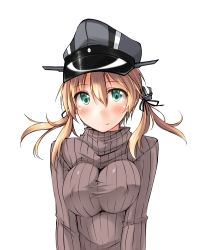 Rule 34 | 10s, 1girl, anchor hair ornament, aqua eyes, blonde hair, blush, breasts, breasts squeezed together, covered erect nipples, green eyes, hair ornament, hair ribbon, hat, highres, impossible clothes, impossible sweater, kaminagi (kaminagi-tei), kantai collection, large breasts, light smile, long hair, looking at viewer, peaked cap, prinz eugen (kancolle), ribbed sweater, ribbon, shirt, simple background, smile, solo, sweater, tareme, taut clothes, taut shirt, twintails, white background