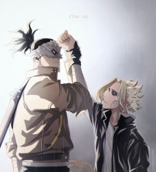 Rule 34 | 2boys, all might, arm up, black gloves, black hair, black jacket, black sclera, blonde hair, blue eyes, boku no hero academia, brown jacket, collarbone, colored sclera, commentary, english commentary, eye mask, from side, frown, gloves, gradient background, grey background, highres, holding another&#039;s wrist, jacket, long sleeves, looking at another, male focus, multiple boys, open clothes, open jacket, parted lips, ponytail, shirt, short hair, spiked hair, spoilers, stain (boku no hero academia), trevo (trevoshere), upper body, white background, white shirt, yagi toshinori