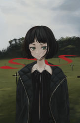 Rule 34 | 1girl, black dress, black hair, black jacket, bob cut, closed mouth, collarbone, commentary, dress, english commentary, expressionless, grass, graveyard, green eyes, grey sky, highres, jacket, litra (ltr0312), looking at viewer, open clothes, open jacket, original, outdoors, red ribbon, ribbon, short hair, sky, solo, tree, upper body