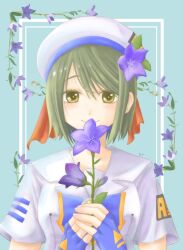 Rule 34 | aino ai, aqua background, aria (manga), beret, blue gloves, breasts, brown eyes, closed mouth, eyelashes, fingerless gloves, flower, gloves, green hair, hair between eyes, hair flower, hair ornament, hair ribbon, hat, highres, holding, looking at viewer, miyano (yomuyom), own hands together, purple flower, red ribbon, ribbon, sailor collar, short hair, short sleeves, signature, small breasts, smile, swept bangs, upper body, white hat