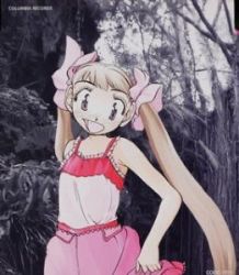 Rule 34 | :d, alien nine, blonde hair, frills, hair ribbon, lowres, non-web source, open mouth, photo background, pink shirt, pink skirt, ribbon, shirt, skirt, smile, tank top, tomine kasumi, tomizawa hitoshi, twintails