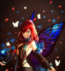 Rule 34 | 1girl, alternate hair color, bare shoulders, black background, blue eyes, breasts, bridal gauntlets, bug, butterfly, butterfly wings, center opening, cleavage, dress, elbow gloves, facial mark, fairy wings, fire emblem, fire emblem heroes, flower, gloves, gradient clothes, hair flower, hair ornament, hair over one eye, hair vines, insect, insect wings, light particles, medium breasts, nintendo, red hair, sleeveless, sleeveless dress, solo, triandra (fire emblem), user zjyt4387, white butterfly, wings