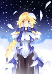 Rule 34 | 1girl, blonde hair, blush, bodysuit, braid, breasts, gloves, hands on own cheeks, hands on own face, kinary, kyoukaisenjou no horizon, large breasts, long hair, mary stuart, pantyhose, petals, single braid, solo, tears