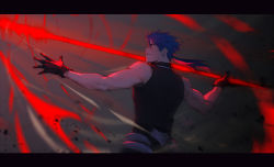 Rule 34 | 1boy, back, bare shoulders, blue hair, cu chulainn (fate), cu chulainn (fate/prototype), earrings, fate/prototype, fate (series), from behind, gae bolg (fate), gloves, glowing, glowing weapon, holding, holding weapon, hoop earrings, jewelry, long hair, male focus, muscular, polearm, ponytail, shirt, sleeveless, sleeveless shirt, solkorra, solo, spear, spiked hair, throwing, type-moon, weapon