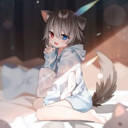 Rule 34 | 1girl, :d, absurdres, animal ears, bare legs, barefoot, blue eyes, brown hair, claw pose, commission, dog ears, dog girl, dog tail, fang, full body, hasuki rui, hazakura chikori, heterochromia, highres, hood, hood down, hoodie, indie virtual youtuber, long sleeves, looking at viewer, medium hair, no pants, open mouth, pillow, red eyes, second-party source, sitting, skeb commission, skin fang, sleepwear, sleeves past wrists, smile, striped clothes, striped hoodie, tail, virtual youtuber, wariza