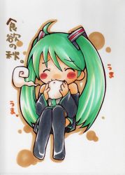 Rule 34 | 1girl, :3, ^ ^, ahoge, aoto, baozi, bare shoulders, blush stickers, chibi, detached sleeves, eating, closed eyes, food, green hair, happy, hatsune miku, highres, legs together, long hair, marker (medium), necktie, sitting, solo, thighhighs, traditional media, twintails, vocaloid