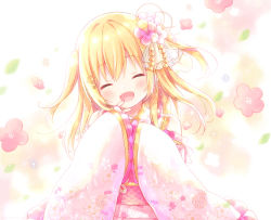 Rule 34 | 1girl, :d, blonde hair, blush, closed eyes, commentary request, emori el, facing viewer, floral print, flower, hair between eyes, hair flower, hair ornament, hands up, head tilt, japanese clothes, kimono, kon hoshiro, liver city, long hair, long sleeves, obi, open mouth, pink flower, pink kimono, print kimono, sash, sleeves past fingers, sleeves past wrists, smile, solo, two side up, upper body, wide sleeves